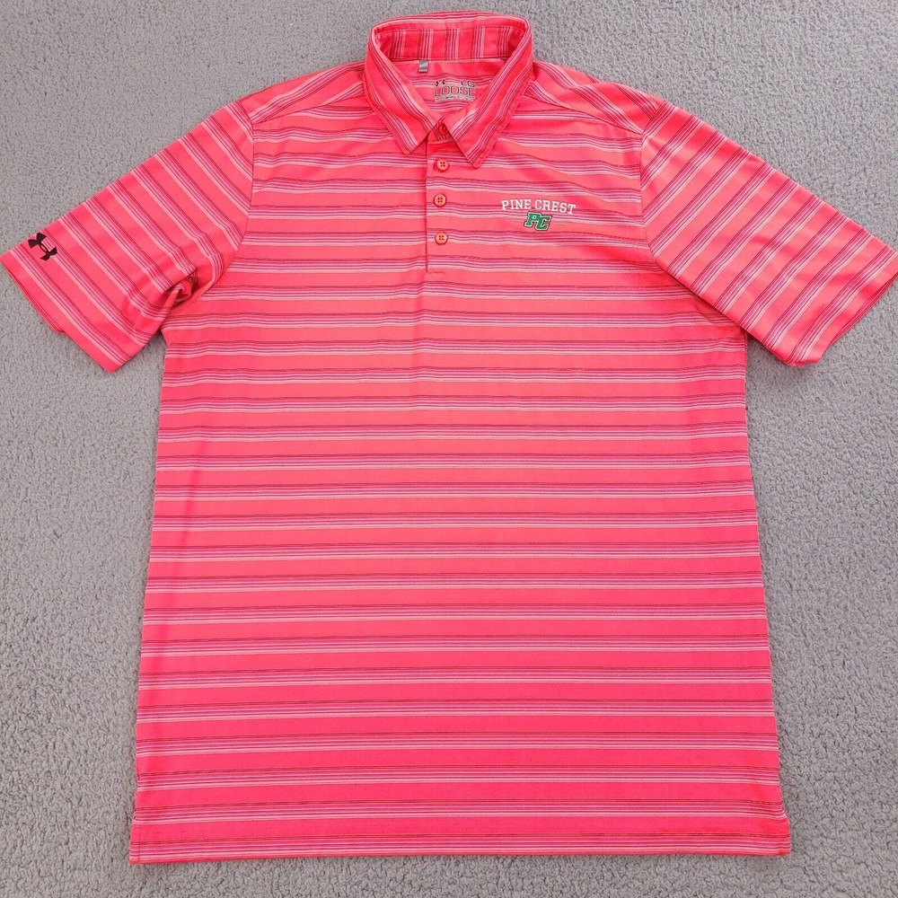 Under Armour Polo Shirt Mens Large Pink‎ Golf Heat Gear Pine Crest Embroidery